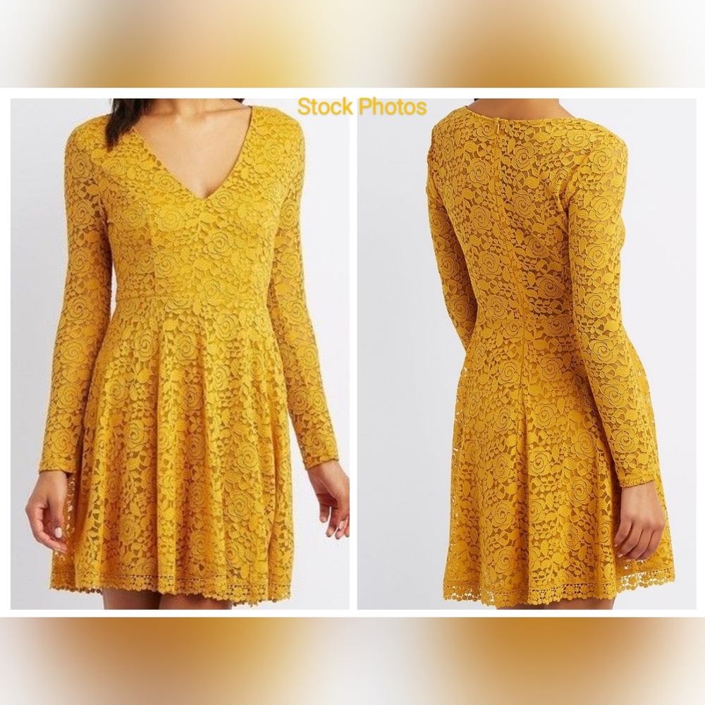 Mustard Yellow Floral Lace Long Sleeve Skater Dress by Charlotte Russe small